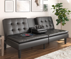 lot 360 image: Mainstays Memory Foam 71.5 Futon with Cupholder and USB, Black Faux Leather