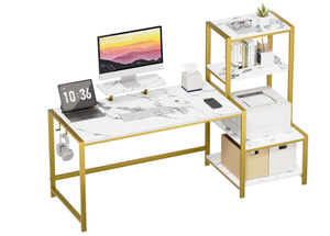 lot 364 image: GreenForest Computer Desk 58 inch with Printer Shelf, Reversible Office Desk with Monitor Stand and 2 Hooks, Home Desk Workstation for Study Writing Working Gaming, Marble