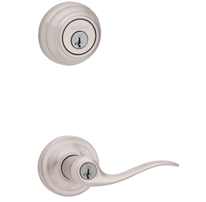 lot 470 image: Kwikset 991 Tustin Entry Lever and Single Cylinder Deadbolt Combo Pack featuring SmartKey in Satin Nickel, Model Number 99910-040