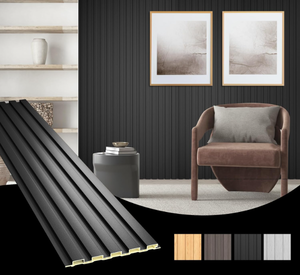 lot 223 image: OUZUGIE WPC Acoustic Slat Wall Paneling, 8-Pack 96 x 6 Inches 3D Wall Panels for Interior Wall Decor,Living Room,TV Background,Study Room,Office Spaces,Bedroom,Low Grille (Black)