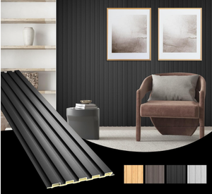 lot 228 image: OUZUGIE WPC Acoustic Slat Wall Paneling, 8-Pack 96 x 6 Inches 3D Wall Panels for Interior Wall Decor,Living Room,TV Background,Study Room,Office Spaces,Bedroom,Low Grille (Black)