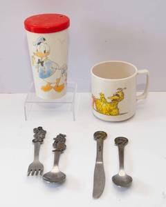 lot 53 image: Vintage Disney & Big Bird Childrens Eating Utensils and Cups