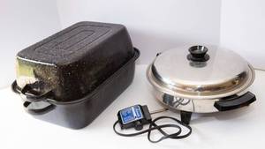 lot 120 image: Enamel Roaster & Stainless Liquid Core Electric Skillet