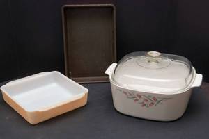 lot 124 image: Vintage Cookware Lot  Enamelware, Fire-King, & CorningWare