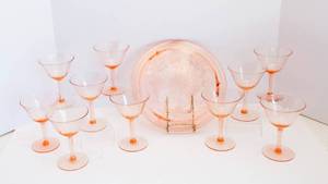 lot 247 image: Set of 10 Pink Depression Glass Champagne Coupes with Matching Cake Plate