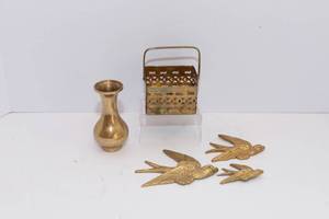 lot 281 image: Brass Items Collection  Wall Birds, Vase, and Basket