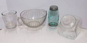 lot 322 image: Assortment of Vintage Kitchenware  Measuring Bowl, Mixing Bowl, Candy Jar, Ball Jar