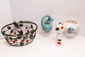 lot 342 image: Set of 3 Unique Vases with Wire Basket  One Made in Italy
