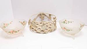 lot 340 image: Two Handpainted Footed Frosted Glass Bowls with Metal Wire Basket