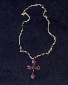 lot 350 image: Unique Antique-Style Cross Necklace  Red Stone Accents