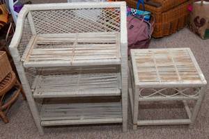 lot 348 image: White Painted Wicker Shelf and Side Table
