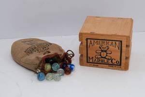 lot 361 image: Assortment of Marbles  American Marbles Co. Sealed Box and Bag of Marbles