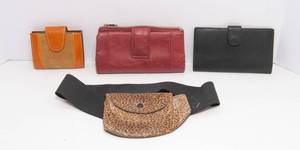 lot 408 image: Leather Accessories Lot Fanny Pack, Checkbook, and Wallet