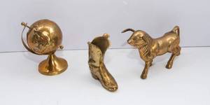 lot 410 image: Lot of Three Brass Items Steer, Boot, and Globe