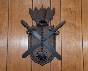 lot 592 image: Vintage Mid-Century Medieval Gothic Wall Hanging  Spiked Ball & Chain with Sword Plaque