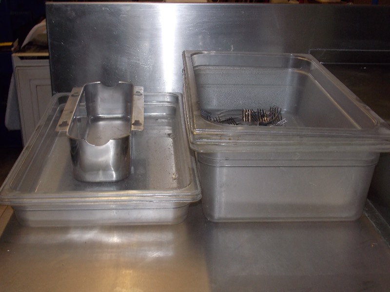 lot 21 image: Lot of (5) Commercial Kitchen Plastic Storage bins, Silverware and other kitchen accessories as shown