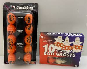 lot 14 image: Misc. Vintage Halloween Light Sets Including Boo Ghosts And More