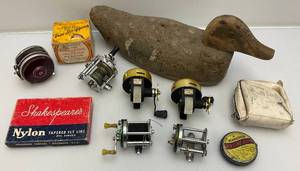 lot 186 image: Misc. Vintage Fdishing Items And Cork Duck Decoy