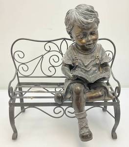 lot 210 image: Small Resin Child Figure Sitting On Metal Bench Garden Statue 8 W x 14 12 H x 12 L
