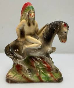 lot 211 image: Antique Chalkware Indian Chief On Horse Sculpture 10 34 H  x 8 12 W x 2 12