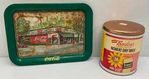 lot 221 image: Two Vintage Collectible Advertising Items Including Coca-Cola Serving Tray And Bordons Milk