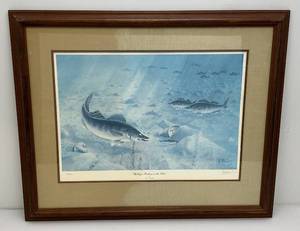lot 237 image: 27 x 33 Framed Behind Glass Les C. Kouba Pencil Signed 982500  Walleyes Feeding On The Flats Print