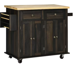 lot 27 image: HOMCOM Brown Oak Kitchen Island on Wheels, Rolling Cart with Rubberwood Top, Spice Rack, Towel Rack and Drawers