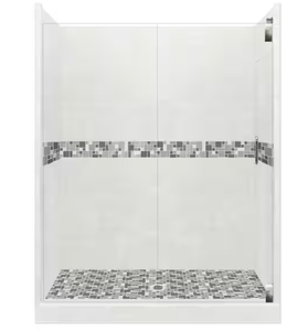 lot 33 image: American Bath Factory Newport Grand Hinged 42 in. x 48 in. x 80 in. Center Drain Alcove Shower Kit in Natural Buff and Satin Nickel Hardware