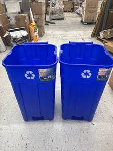 lot 22 image: (2 Pack) HDX 45 gal. Blue Heavy Duty Outdoor Recycling Trash Can with Wheels and Attached Lid