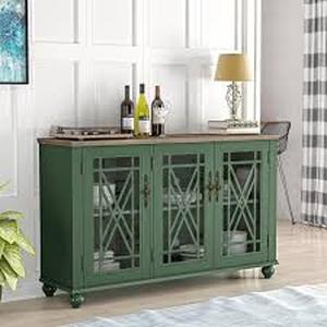 lot 27 image: Vintage Green MDF 55 in. Storage Buffet Sideboard with Floral Design Doors Customer Returns See Pictures