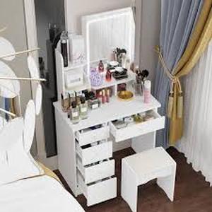 lot 28 image: FUFU&GAGA 5-Drawers White Makeup Vanity Sets Dressing Table Sets With Stool, Mirror, LED Light and 3-Tier Storage Shelves  Customer Returns See Pictures