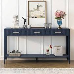 lot 29 image: Polibi 60 in. Navy Blue Rectangle Wood Console Table with Vertical Stripe Drawers, Long Legs, Suitable   Customer Returns See Pictures