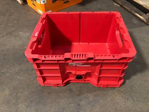 lot 13 image: Milwaukee PACKOUT 18.6 in. Tool Storage Crate Bin with Carrying Handles and 50 lbs. Weight Capacity  Customer Returns See Pictures
