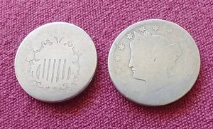 lot 21 image: (2) Vintage Nickels - Shield Nickel & V Nickel