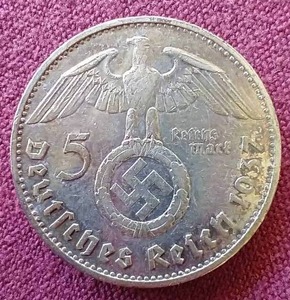 lot 43 image: 1937 German Third Reich Silver 5 Mark Coin