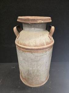 lot 2069 image: Vintage 10-Gallon Steel Milk Can with Lid  Stands