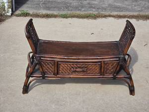 lot 2076 image: Circa 1970 Chinese Chippendale-Style Bamboo Window Bench With Center Drawer & Side Storage