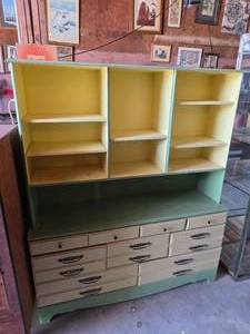 lot 2086 image: Vintage Two-Tone Kitchen Cabinet with a Hutch