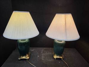 lot 2109 image: 2 Green and Brass Dimable Lamps