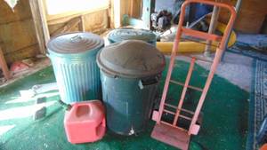 lot 6 image: 2 Wheeled Cart, 3- Trash Cans, Gas Can and Gutter Parts