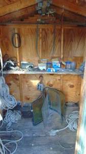 lot 13 image: Contents of Small Shed, Ropes, Pulleys, Motors, Windshields and Misc