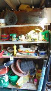 lot 21 image: Contents of Gardening Shelf, Hand Tools, Weed Block, Chicken Wire and More