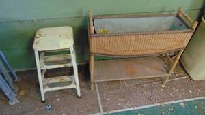 lot 32 image: Vintage Wicker Oblong Planter and Vintage Metal Step Stool