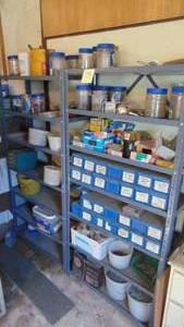 lot 73 image: 2- Metal Shelfs with Contents, Screws, Bolts and Misc