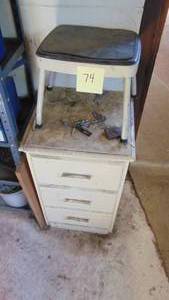 lot 74 image: 3 Drawer wood Cabinet with Contents and Cosco Stool