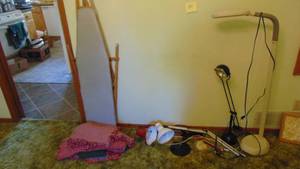 lot 80 image: 2-Adjuslable Lamps, 1 Floor Lamp, 1 Desk Lamp, Ironing Board and Linens
