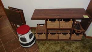 lot 99 image: Stand With Handle Baskets, Stool with Wheels and 2 TV Tray Stands