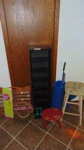 lot 100 image: CD Rack, Thread Holder, 2 Stools, Yoga Mat and Misc