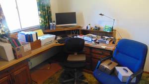 lot 101 image: 2-Office Chairs and Contents on Top of Desk, Printer, Computer Screen and Misc.