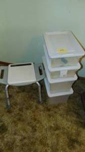 lot 112 image: 4-Storage Containers, Scale, Shower Seat and White Shelf